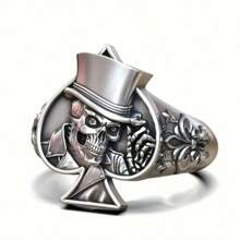 1 件全新独特男士时尚复古雕刻花朵骷髅戒指、扑克牌黑桃 A 戒指、嘻哈朋克个性化男士珠宝 - 銀色 - 查看 3