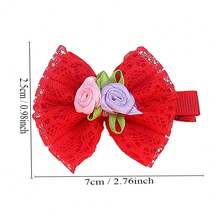 兒童髮夾,寶寶女孩蕾絲玫瑰花蝴蝶結髮夾,修剪劉海和髮飾 - 紅色 - 查看 2