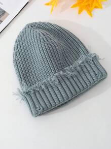 1pc Ladies' Fashionable Distressed Hem Knitted Beanie Hat, Suitable For Street Style And Daily Wear - Multicolor - View 4