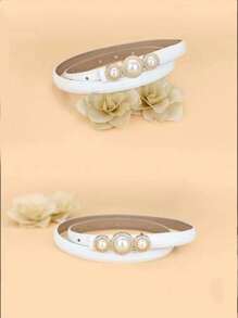 1pc Women's Thin Belt With Pearl & Rhinestone Decoration, Metal Smooth Buckle, Simple & Stylish Accessory, Perfect For All Occasions And Clothing Styles - White - View 3