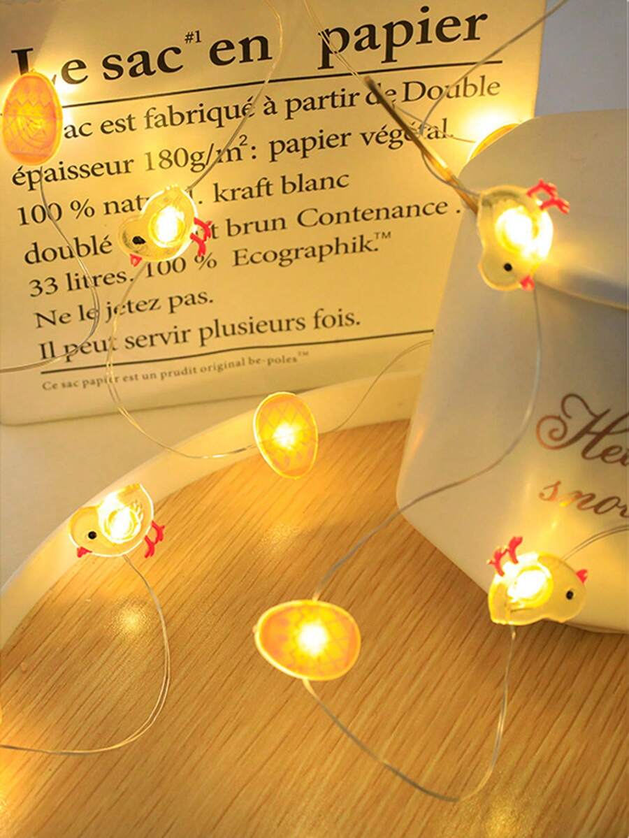 1pc Led Copper Wire Chicken And Egg Shaped String Light, 2m 20 Lights, Festival Decoration - Yellow - View 1