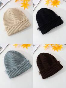 1pc Ladies' Fashionable Distressed Hem Knitted Beanie Hat, Suitable For Street Style And Daily Wear - Multicolor - View 1