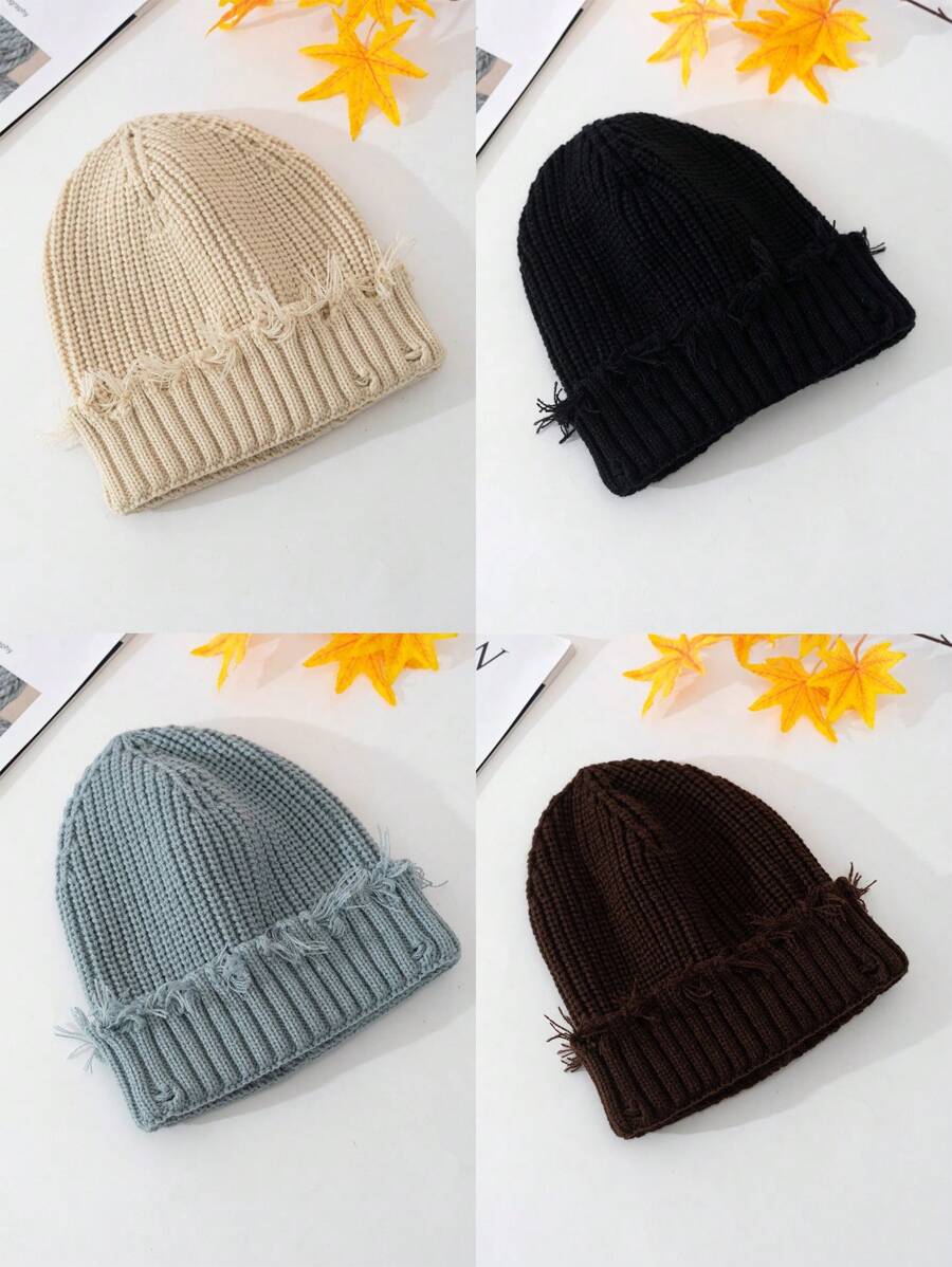 1pc Ladies' Fashionable Distressed Hem Knitted Beanie Hat, Suitable For Street Style And Daily Wear - Multicolor - View 1