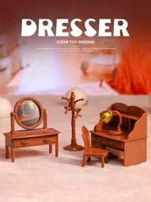 1入組1:12比例復古風格迷你娃娃屋卧室家具套裝,包括迷你鏡子、梳妝台、衣架,是親子互動的超棒禮物 - 棕色 - 查看 3