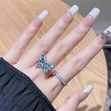 2pcs/Set Luxurious Cubic Zirconia Butterfly Decor Open Rings, Suitable For Women Daily Wear, Wedding, Valentine's Day Gift - Blue - View 3