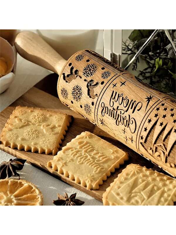 Rolo de Massa de Natal, Rolo de Massa de Madeira com Estampa de Natal, Ótimo para Dia das Mães, Ação de Graças