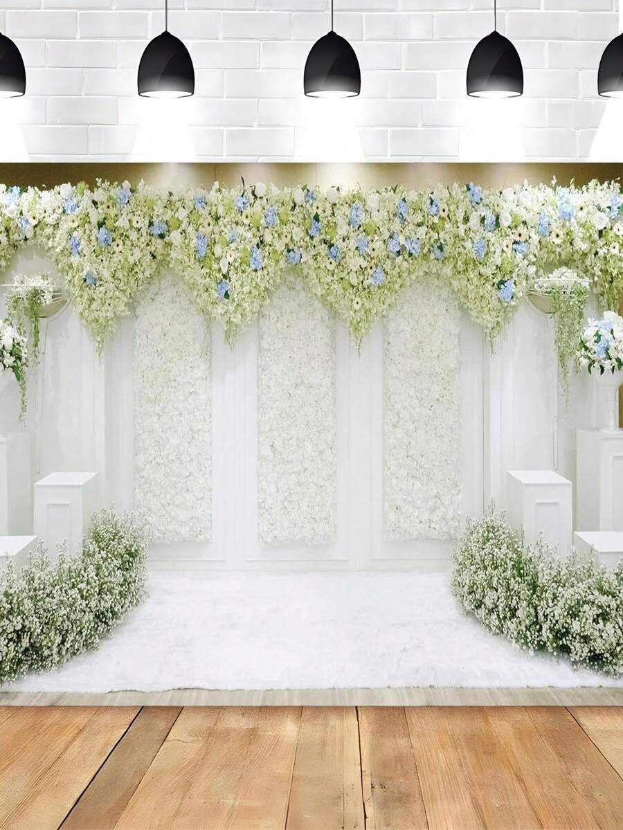 1入組花卉場景背景布,藍色和白色玫瑰印花聚酯纖維和聚酯材料牆面裝飾旗幟,適用於婚禮、拍照、派對背景裝飾 - 花場景背景布2 - 查看 1