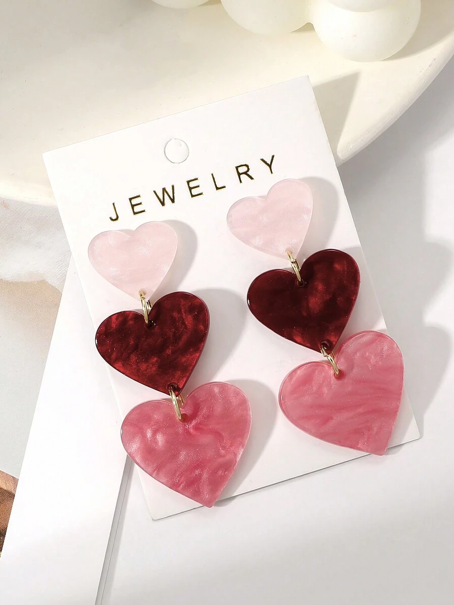 1對情人節女士紅粉色彩色性感浪漫愛三重亞麻素耳環 - 彩色 - 查看 1