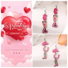 1對浪漫的玫瑰＆愛心＆牛仔帽造型戒指,情人節派對上的長木耳環,是女友/妻子的完美禮物 - 彩色 - 查看 7