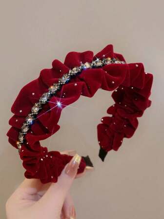1pc Girl's New Velvet Rhinestone Chain Pleated Headband, Versatile For Daily Wear, New Year 2026
