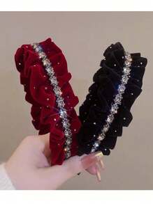 1pc Girls' Velvet & Rhinestone Chain Decor Fold Headband, Versatile For Daily Wear
