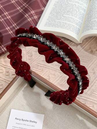 1pc Girl's New Velvet Rhinestone Chain Pleated Headband, Versatile For Daily Wear, New Year 2026