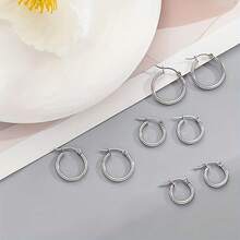 時尚優雅的不鏽鋼簡約圓形耳環，個性化多樣化風格，適合男女日常百搭和酷炫風格 - 4對黑色耳環 - 查看 1