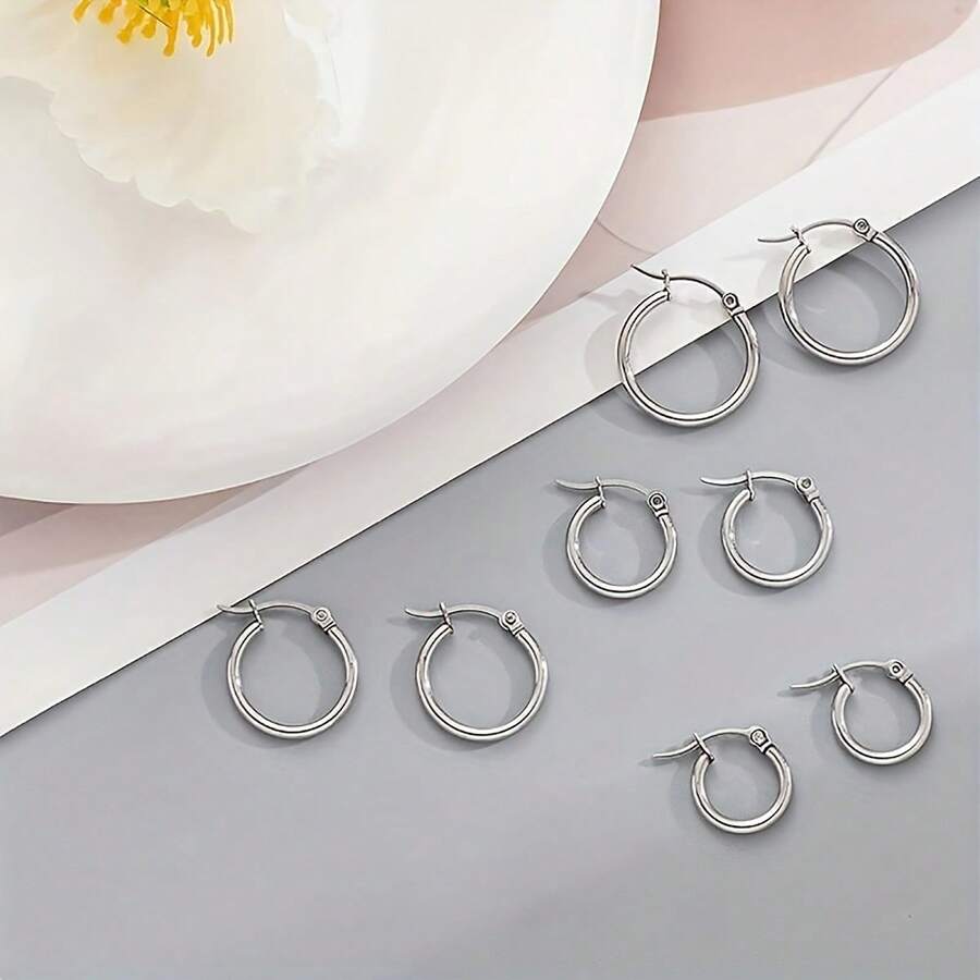 時尚優雅的不鏽鋼簡約圓形耳環，個性化多樣化風格，適合男女日常百搭和酷炫風格 - 4對黑色耳環 - 查看 1