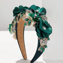 1 Peça Faixa de Cabeça Larga Barroca Boho com Imitação de Flores de Cálice Resistente, Pedras Brilhantes e Material de Tecido, Presente do Dia dos Namorados, Tiara, Faixas de Cabelo