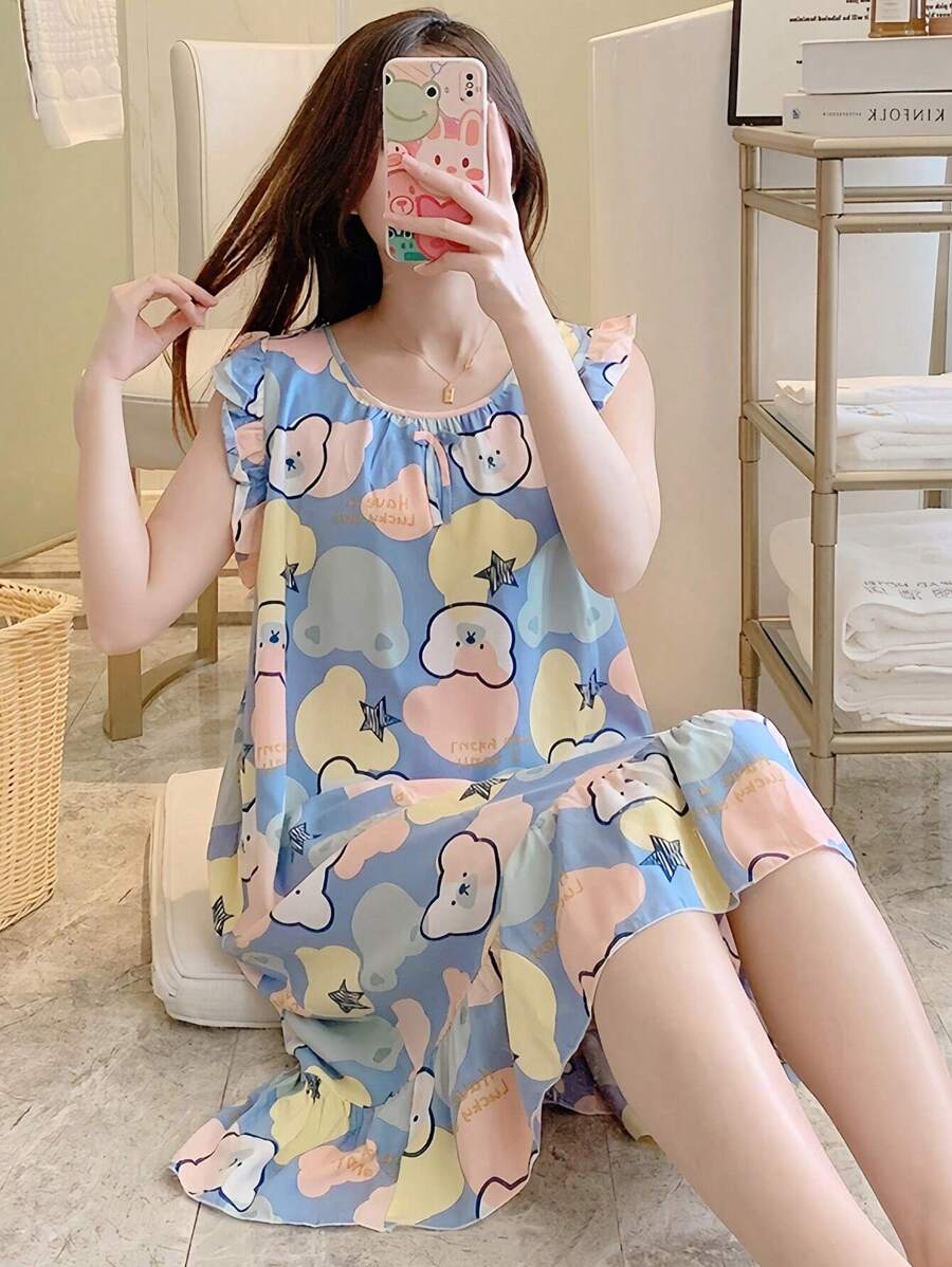 1件女士休閒寬鬆薄棉家居夜裙,印有小熊圖案,褶邊、蕾絲修邊和裝飾蝴蝶結,適用於家居穿著 - 彩色 - 查看 1