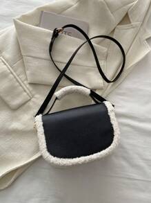 高級感的秋冬絨面手提袋,小方形造型,適用於通勤、約會和工作的單肩包,附有斜挎帶和小圓包 - 黑色 - 查看 5