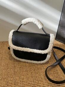 高級感的秋冬絨面手提袋,小方形造型,適用於通勤、約會和工作的單肩包,附有斜挎帶和小圓包 - 黑色 - 查看 8