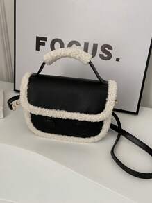 高級感的秋冬絨面手提袋,小方形造型,適用於通勤、約會和工作的單肩包,附有斜挎帶和小圓包 - 黑色 - 查看 3