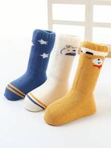 3雙入組卡通熊毛絨防寒柔軟舒適兒童襪子 - 彩色 - 查看 1