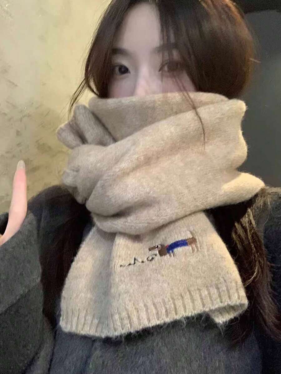 1pc Women's Polyester Material Embroidered Poodle Knitted Scarf For Autumn And Winter - Beige - View 1