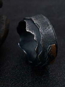 復古藝術千代田山設計手工泰國銀開口戒指 - 黑色 - 查看 4