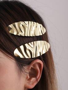 2pcs Metal Textured Wavy Geometric Oval Shape Hair Clip For Girls - Gold - View 2