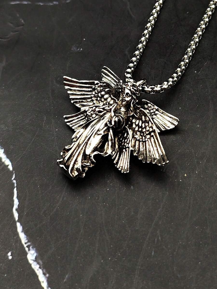 1個獨特時尚簡約六翼天使吊墜項鍊,男女適用,日常配件 - 復古銀色 - 查看 1