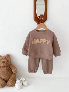 Baby Boys' Simple & Cute Letter Pattern Waffle Long Sleeve Top And Pants Set - Brown - View 6
