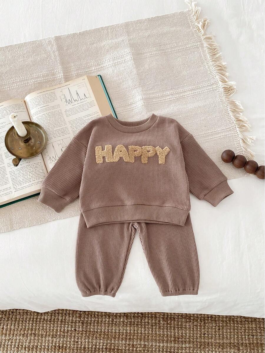 Baby Boys' Simple & Cute Letter Pattern Waffle Long Sleeve Top And Pants Set - Brown - View 1