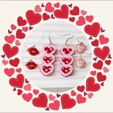 3 Pairs Romantic Heart Valentine's Day Earring Delicate Design For Women Girls Gift Jewelry - Pink - View 1