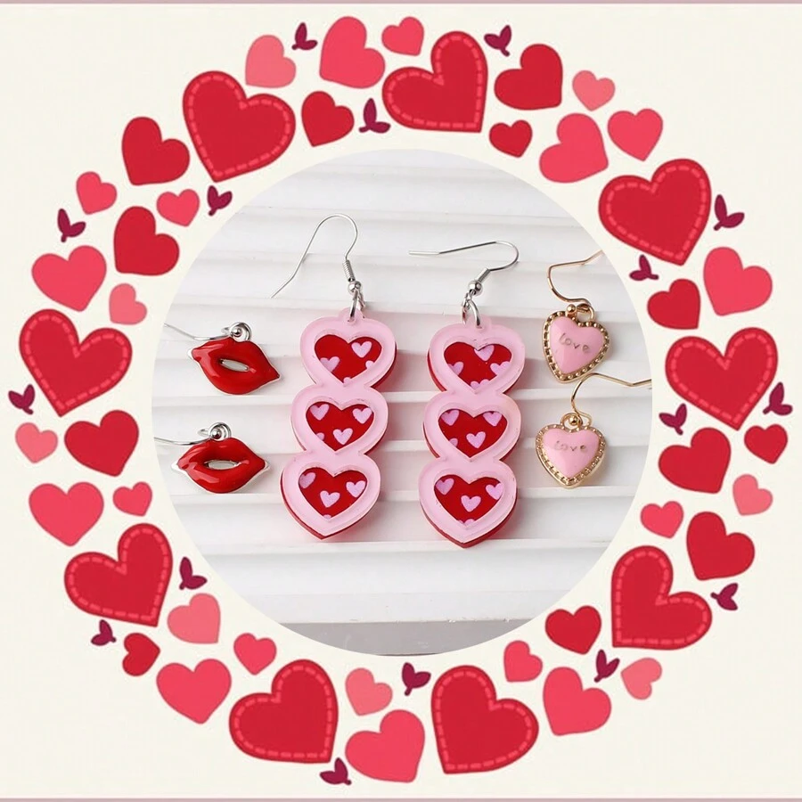 3 Pairs Romantic Heart Valentine's Day Earring Delicate Design For Women Girls Gift Jewelry - Pink - View 1