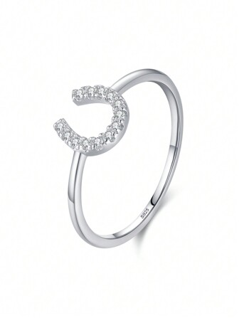 1顆簡約時尚的925純銀人造u形戒指,帶有幾何設計,適合作為女性訂婚和週年紀念珠寶