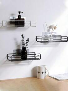Black/White(Random Color) Bathroom Shelves Without Nailing & Punching, Rectangular Iron Art Multi-Functional Storage Shelf For Kitchen & Toilet Articles( Free Metal Sheet) - Multicolor - View 1