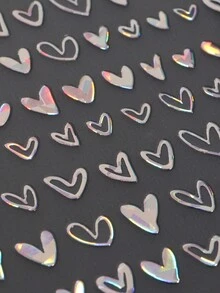 2张3D激光镂空心形美甲贴纸情人节金属心形贴花烫金银金心形美甲滑块女士女孩装饰 - 彩色 - 查看 8