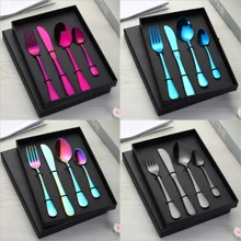 1套4入組不帶盒裝不鏽鋼西餐具,包含刀、叉、匙,適用於牛排和牛肉 - 彩色 - 查看 1