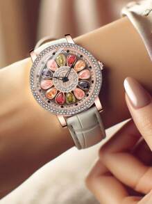1pc Ladies' Rose Gold & White Elegant Quartz Watch With Rotating Rhinestone-Studded Flower Petals And Colorful Rhinestones, Suitable For Students Valentines - White - View 7