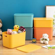 1pc Multifunctional Plastic Covered Storage Box For Desktop Cosmetic Organizing, With Handle - Yellow - View 5