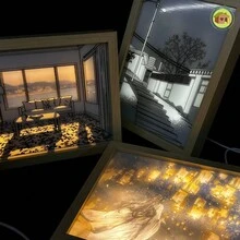 Luz LED de noche para bocetos, lámpara de mesa de Arte de pared de pintura minimalista, Control táctil, marco de fotos de madera, decoración del hogar, alimentación USB, 1pc Lámpara de Mesa Decorativa de Pintura de Luz, la Última Creativa Luz Nocturna LED Marco de Fotos Pequeños Adornos - Multicolor - Ver 10