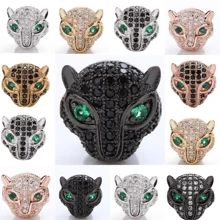 3入組黃銅立方形,微鑲豹頭珠和分隔物,可用於diy手鍊、項鍊、吊墜製作 - 3個豹子頭珠 - 查看 1