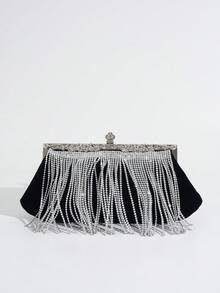 Vincy閃粉手袋1入鑽石裝飾穗子黑色絨布手拿包，斜挎包，手腕包，適用於派對，宴會，晚餐，跳舞等場合 - 黑色 - 查看 6