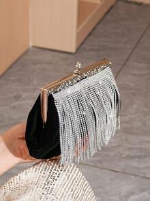 Vincy閃粉手袋1入鑽石裝飾穗子黑色絨布手拿包，斜挎包，手腕包，適用於派對，宴會，晚餐，跳舞等場合 - 黑色 - 查看 2