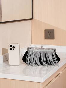 Vincy閃粉手袋1入鑽石裝飾穗子黑色絨布手拿包，斜挎包，手腕包，適用於派對，宴會，晚餐，跳舞等場合 - 黑色 - 查看 3