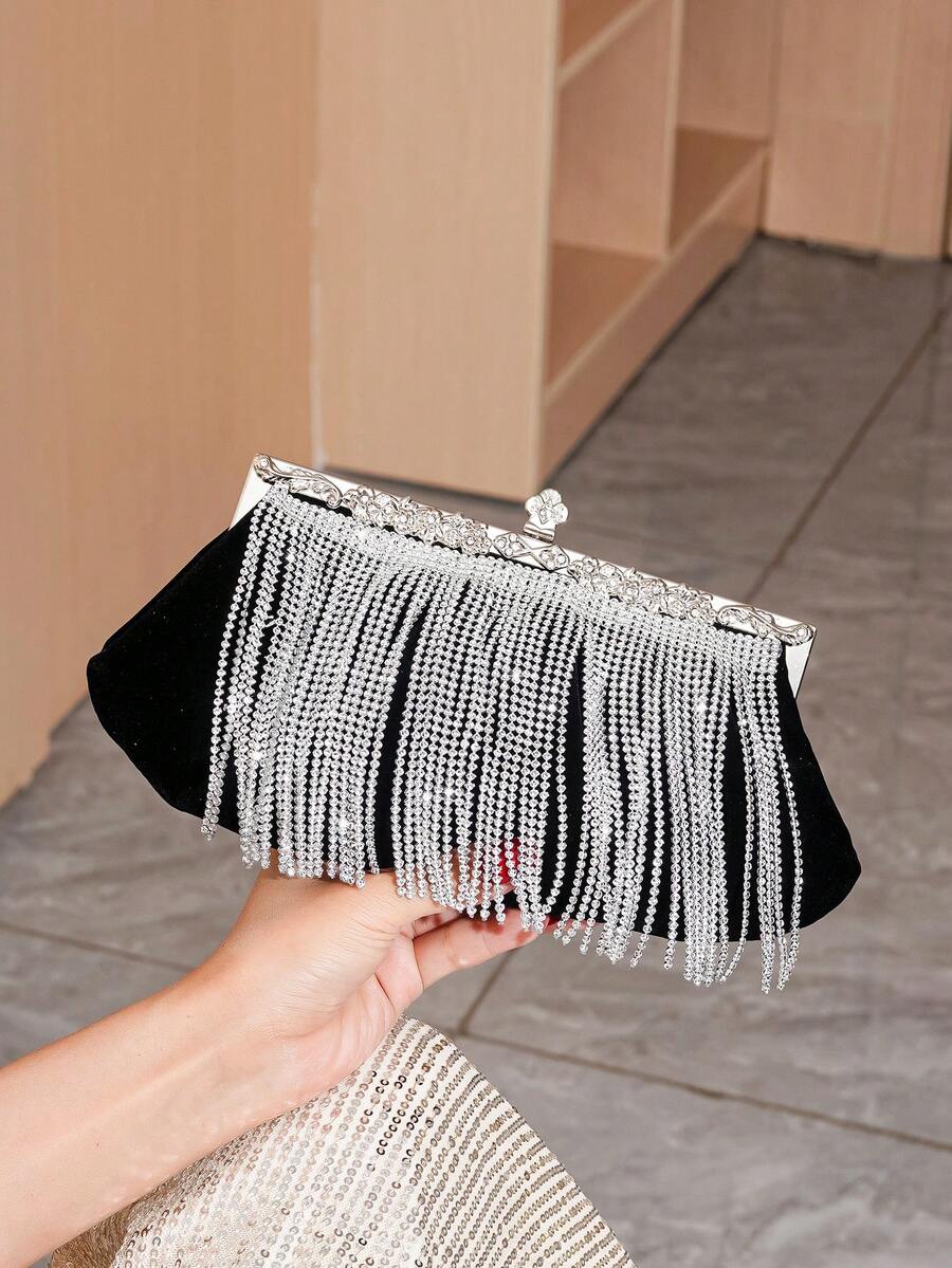 Vincy閃粉手袋1入鑽石裝飾穗子黑色絨布手拿包，斜挎包，手腕包，適用於派對，宴會，晚餐，跳舞等場合 - 黑色 - 查看 1