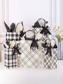 4pcs Simple Style Black & Gold Plaid Craft Paper Gift Bag With Handle, Bowknot & Tag - Beige - View 3