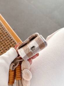 冬季毛绒拼布格子花卉图案耳机保护套带挂绳，兼容 Airpods - 卡其色 - 查看 3