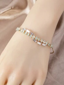 1條流行的幾何設計人造鋯石鏈與銅珠可調式拉繩手鐲,適合女性日常穿著 - 金黃色 - 查看 8