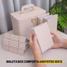 Maleta para 600 Fotos - 6 Álbuns fotográficos 10x15 JUTA BEGE Adulto Baú Box Luxo Caixa Fotografia - Bege - Visão 5