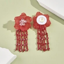 2pcs Shiny Crystal-Like Lotus & Tassel Dangle Earrings For Women - Pink Lotus - View 8