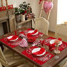 1pc Romantic Love Printed Red Heart Linen Placemat For Wedding Anniversary, Party And Dining Table Decorations, 12*18inch - Three Hearts Love - View 3